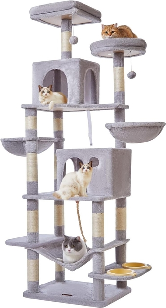 76-Inch Cat Tree Cat Tower for Indoor Cats, Plush Multi-Level Cat Condo with 12 Scratching Posts, 2 Perches, 2 Caves, Hammock, 2 Pompoms MS016W Light Gray