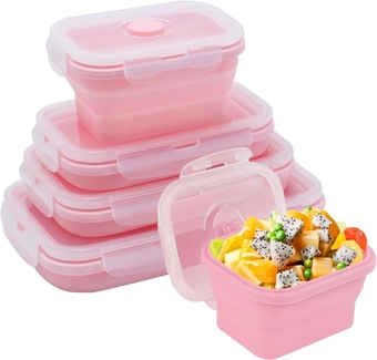 4 Pcs Silicone Collapsible Food Storage Containers with Lids Silicone Lunch Box Bento Box BPA free for Kitchen Pantry Organization Microwave Freezer (4pcs-Pink)