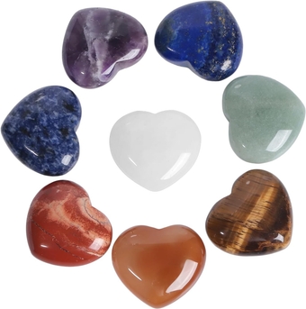 Assorted Natural Gemstones Carved Puff Heart Pocket Stone Set, Healing Palm Crystal Set for Christmas, Pack of 8(1.1")