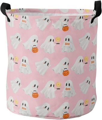 Halloween Laundry Basket, Collapsible Bag with Easy Carry Handles, Small Waterproof Foldable Freestanding Hamper, Folding Washing Bin Clothes Storage Round Blush Pink Cartoon Cute Ghost
