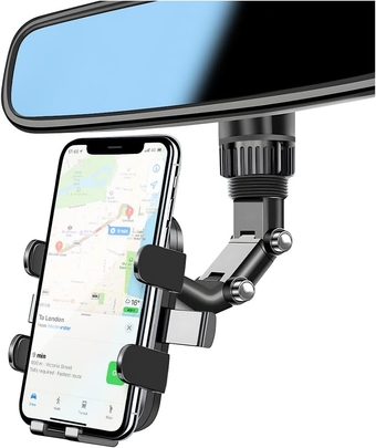 Rearview Mirror Phone Holder, 360° Rotatable and Retractable Car Phone Mount, Multifunctional Rear View Mirror Holder for All Cars, Adjustable Cell Phone Holder for All Smartphones