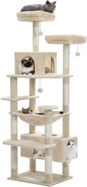 Large Cat Tree, 72 Inches Cat Tower for Large Cats, Cat Condo with Sisal-Covered Scratching Posts and Pads, 2 Padded Perch, Dual Condo and Basket for Indoor Cats-Beige