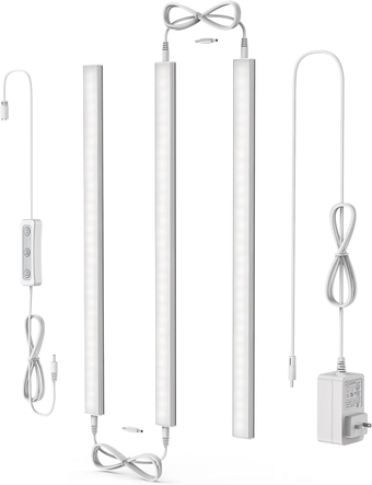 Under Cabinet Led Light Plug in, Dimmable Daylight White 4500K, 3 Pack 12 inch Linkable Led Under Counter Lights for Kitchen, Shelf, Workbench, Cupboard, Upgrade UL Listed Plug 24V, UNO-LK 4500K