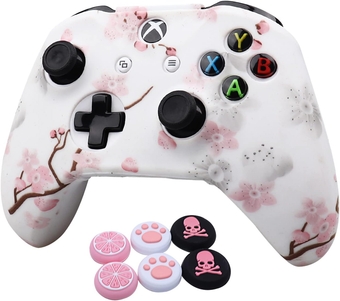 Cherry Blossoms Skin , Sakura Silicone Controller Cover Skin Protector Compatible for Xbox Ones Controller (Pink Pro Thumb Grip x 2 ,Pink Cat Grips x 2 ,Skull Cap x 2).