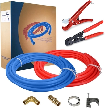 Starter Kit for 1/2-In Pex with Crimper & Cutter Tools - Set includes Brass Elbow & Coupling Fittings, Cinch Clamps, Half Clamps, and 2 Rolls of 1/2-In X 100ft PEX Tubing