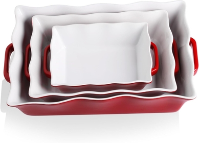 Casserole Dishes for Oven, Ceramic Bakeware Set of 3, Rectangular Baking dish with Handles, Wave Edge Lasagna Pan Deep for Cooking, Cake, Dinner, Banquet and Daily Use (Red)