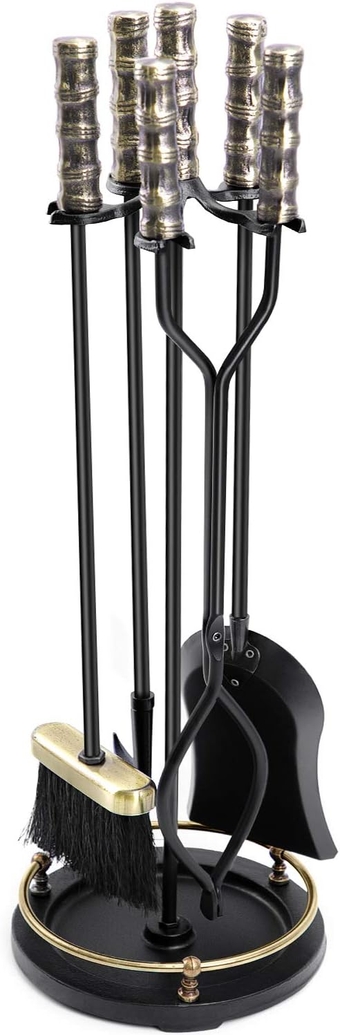 AMAGABELI GARDEN & HOME 30in Fireplace Tools Set Brass Handle 5Pieces Wrought Iron Indoor Fireset Stand Wood Log Holder Hearth Accessories Kit Antique Fire Tongs Shovel Brush Chimney Poker Tool Set