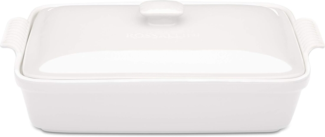Stoneware Casserole Dish Bakeware Set with Lid, Covered Rectangular Dinnerware, Extra Large 4.23 Quart, 13 by 9 Inch, Bianco [White]
