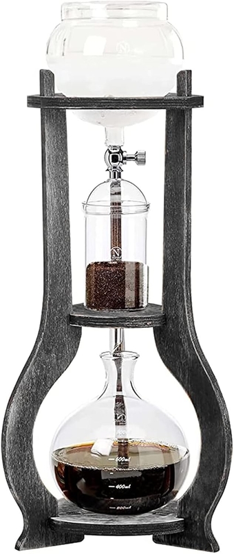 Cold Brew Coffee Maker, 600 ml/20.29 oz Iced Coffee Tower Dripper Coffee Maker & Tea Maker 6-8 Cups, High Borosilicate Glass, Wood, 304 Stainless Steel, Copper - for Home Office (Grey)