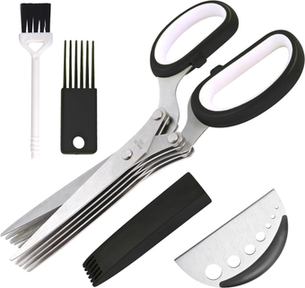 Styleonme Scissors Herb, Sharp Heavy Scissors for Cutting, Chopping and Cooking Fresh Garden Herbs, 5 Stainless Steel Blades and Stripper, Vanilla Cutter Chopper Garden Kitchen Gadgets