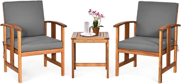 3 Pieces Patio Furniture Set, Includes Set of 2 Outdoor Acacia Wood Cushioned Chairs and Coffee Table, for Garden, Backyard, Poolside, Bistro and Deck, Patio Conversation Chat Set (Gray)