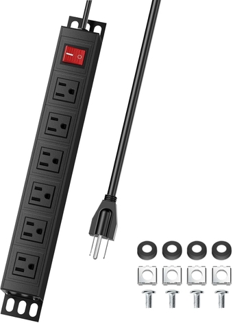 6 Outlets Heavy Duty Power Strip, Mountable Metal Power Strip Outlet, Rack Mount Power Strip 6 FT 16 AWG Long Extension Cord for Commercial Workshop Industrial Kitchen Office