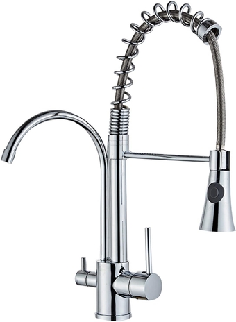 Deck Mount Spring Kitchen Faucet with Pull Down Sprayer, Water Purifier Three-in-One Pull-Out Kitchen Sink Faucet, Brass Single Handle Mixer Tap, Chrome