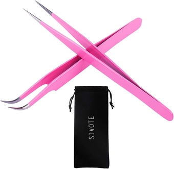 Lash Tweezers for Eyelash Extensions, Hand Calibrated Straight & Curved Tip, Pack of 2, Pink