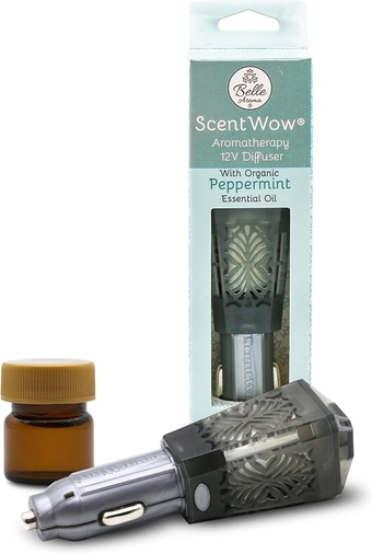 ScentWow therapy - Car Fragrance- Scent Diffuser- Essential Oil Diffuser- for 12 Volt Car- Gray Translucent and Silver, Peppermint Essential Oil