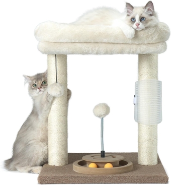 Cat Tree Scratching Post,Small Cat Tower with Perch Bed Scratch for Indoor Cats and Kittens Scratcher.Track Toy Hanging Ball Bursh Beige