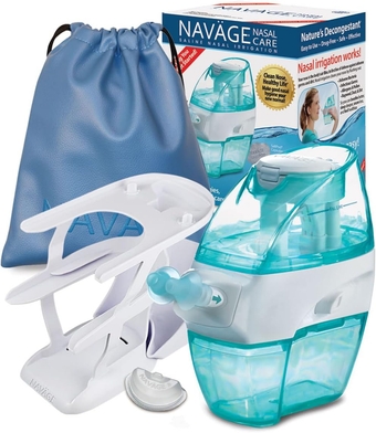 Deluxe Bundle -  Nasal Irrigation System - Saline Nasal Rinse Kit with 1  Nose Cleaner, 20 Salt Pods, Sky Blue Travel Bag and 1 Countertop Caddy