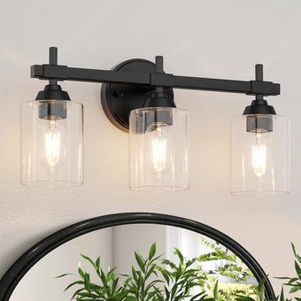 3-Light Bathroom Vanity Light, Black Bathroom Light Fixtures Over Mirror, Sconces Wall Lighting with Clear Glass Shade, Modern Wall Lamp Vanity Lights for Bathroom Living Room