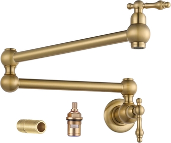 Gold Pot Filler Faucet, Wall Mount Copper Folding Faucet 2 Handle with Double Joint Swing Arms, Single Hole Brass Commercial Kitchen Faucet Over Stove