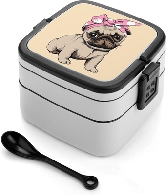 Cute Pug Dog Bento Box with Spoon 2 Layer Lunch Box Portable Food Container for Travel Work
