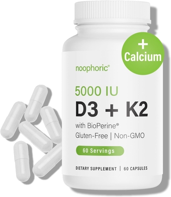 D3 K2 Vitamin 5000 IU - Vitamin K2 100 mcg MK7, Calcium, BioPerine - Bone Health & Immune Support Supplement - Gluten-Free, Non-GMO - K2 D3 Vitamin Supplement (60 Servings)