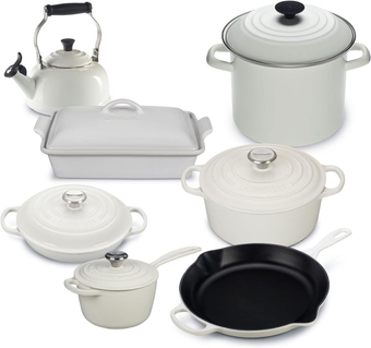 12 Piece French Countryside Cast-Iron Cookware set with Enameled Cast-Iron, Enameled Stoneware and Toughened Non-Stick - White