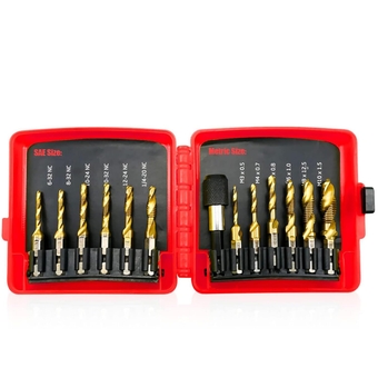 Combination Drill Tap Bit Set 6 PCS SAE (6-32NC ~ 1/4-20NC) and 6 PCS Metric (M3 ~ M10), Titanium High-Speed Steel Screw Tapping Hexagonal Handle Multifunctional Drill Bit Set, Manual Tool