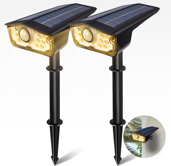 Bright Solar Spot Lights Outdoor Motion Sensor Waterproof IP68 2 Pack, 3 Lighting Modes 2-in-1 Outdoor Solar Lights LED Garden Landscape Spotlights for Yard Pathway Driveway Walkway Wall - Warm White