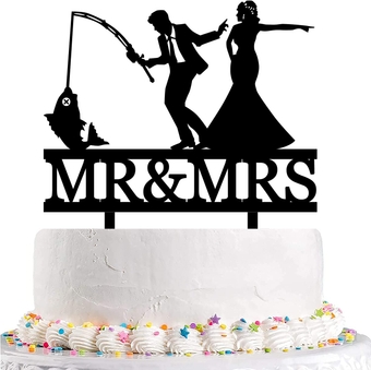 Funny Fishing Wedding Cake Topper - Just Wait a Second - The Bride Urges Groom to Get Married,Fishing Couple Cake Topper, Mr & Mrs Wedding Cake Topper (Fishing Couple)