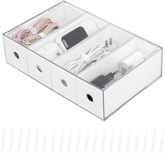 Cord Organizer with 4 Drawers, Plastic Cable Management Box with 20pcs of Wire Ties, Large Electronics Storage Display Case for Desk Accessories, Office Supplies, Phone Chargers (White)