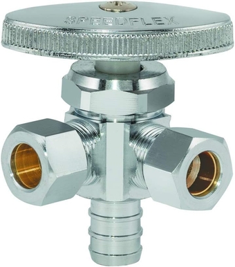 Eastman Multi-Turn Dual-Outlet 3-Way Stop Valve, 1/2 Inch PEX Inlet x 3/8 Inch OD Compression, Chrome Plated, 04343LF