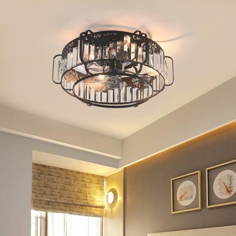 Crystal Ceiling Fan with Lights and Remote, Modern 18" Low Profile Flush Mount Ceiling Fans with 3 Color Light Change and 6 Speeds Mode for Bedroom Living Room Kitchen, Black