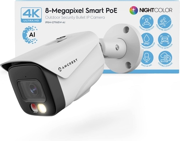 UltraHD 4K (8MP) IP PoE AI Camera, FOV 129°, 49ft Color Nightvision, Security Outdoor Bullet Camera, Human & Vehicle Detection, Active Deterrent, 4K @15fps, IP8M-2796EW-AI (White)