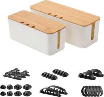 Cable Management Box Bamboo Lid Cable Organizer Box Set of 2 Pack Cord Organizer with 20 Cable Clips Set and 5 Reusable Cable Ties for TV Wires,Computer,Router and Under Desk Power Strip