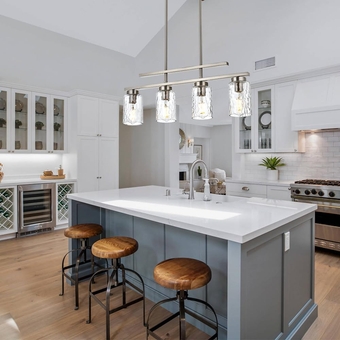 Modern Chandelier Brushed Nickel 4 Light Dining Room Light Fixture Hanging Over Table, Contemporary Kitchen Island Lighting Farmhouse Linear Pendant Light Ceiling with Clear Hammered Glass