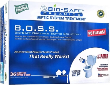 B.O.S.S Septic Tank Treatment 36 Month Supply 2.5 oz Bags - Patented Bact Enzyme Exxon Valdez Septic System Monthly Maintenance Formula - Treats All Septic Systems 100% Guaranteed
