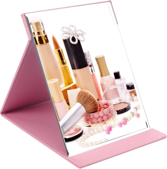 10x7 Inches Portable Folding Makeup Mirror, Frameless PU Leather Desk Mirror with Stand for Camping Travel Tabletop Personal, Pink