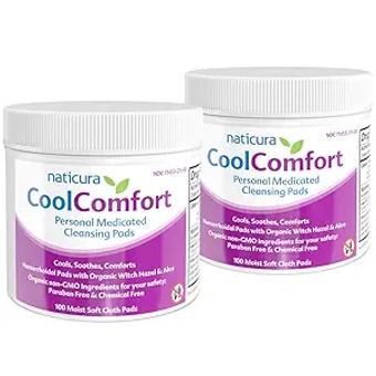 CoolComfort Personal Cleansing Pads with Organic Witch Hazel and Aloe Vera - All-Natural and Fast Acting Wipes for Hemorrhoid Burning, Itching, Pain and Swelling - No Parabens - 2 Pack