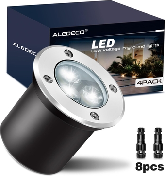 4Pack 3W Low Voltage Landscape Lights with Connectors 12-24V LED In-Ground Lights IP67 Waterproof Garden Lighting 6500K Outdoor Well Lights for Yard Pathway Driveway Deck (Cool White)