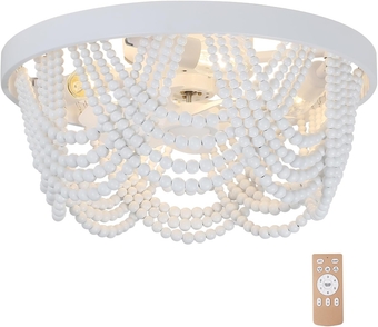 Boho Wood Beads Ceiling Fan with Light and Remote, 19" Bohemian Caged Ceiling Fan with 6 Speeds, Flush Mount Ceiling Fan for Bedroom Kitchen Living (White)