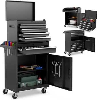 Tool Chest, 5-Drawer Rolling Tool Storage Cabinet with Detachable Top Tool Box, Liner, Universal Lockable Wheels, Adjustable Shelf, Locking Mechanism, Metal Tool Cart for Garage Workshop