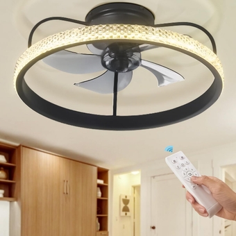 Ruiwing Modern Ceiling Fan with Light,Vintage Bladeless Ceiling Fan with Lights, Flush Mount Fandelier with Remote Control, Indoor Black Crystal Chandelier Fan for Bedroom