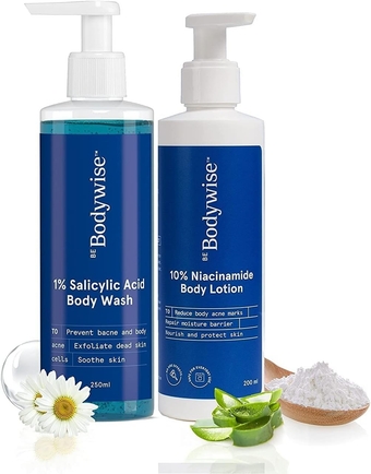 CARLIS Be Bodywise Body Care Pack 1% Salicylic Acid Body Wash & 10% Niacinamide Body Lotion | Niacinamide & Aloe Vera | Helps Prevent Body Acne & Cleanse Skin | Paraben and SLS Free | 450 mL