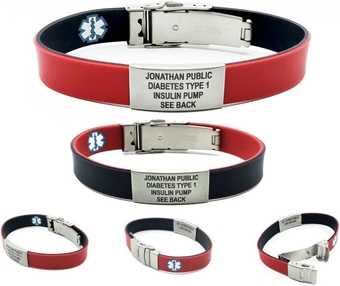 Medical Alert Bracelet Black or Red Reversible Sport Slim, Waterproof, Front and Back Custom Laser Engraving, Emergency Medical Card, Complimentary Access PHR (Personal Health Record)
