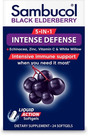 Black Elderberry 5-in-1 Intense Defense Liquid Action Softgels - Black Elderberry Capsules for Adults, Immune Support Supplement, Fast Acting Relief, 8 Day Supply - 24 Softgels