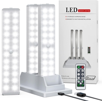 LED Closet Light with Charging Station, 24-LED Dimmer Motion Sensor Under Cabinet Lighting Wireless Stick-Anywhere Night Light with Remote for Stairs,Kitchen,Hallway (3 Pcs)