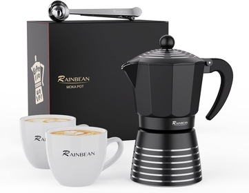 Moka Pot 6 Cup Set Espresso Maker, Steam Italian Stovetop Coffee Makers Percolator, Aluminum Ripple Ring Design, Easy To Use & Clean, 2 Ceramic Cups | Stainless Spoon | Black