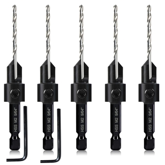 5-pc #12 Countersink Counterbore Drill Bit Set 3in1 for Woodworking #12 Screws, 9/64" M2 Pilot Drill Bits Adjustable Depth, 82-Degree Chamfer with Stop, 1/4” Hex Shank, Includes 2 Allen Wrenches