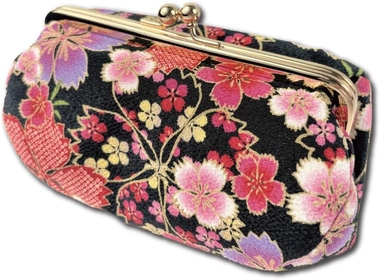 Kiss Lock Small Makeup Bag for Purse [ Made in Japan] Traditional Edo Komon Design Cute Cosmetic Pouch (Cherry blossom (Black))