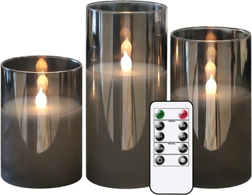 Gray Glass Battery Operated Flameless Led Candles with 10-Key Remote and Timer, Real Wax Candles Warm White Flickering Light for Home Decoration(Set of 3)
